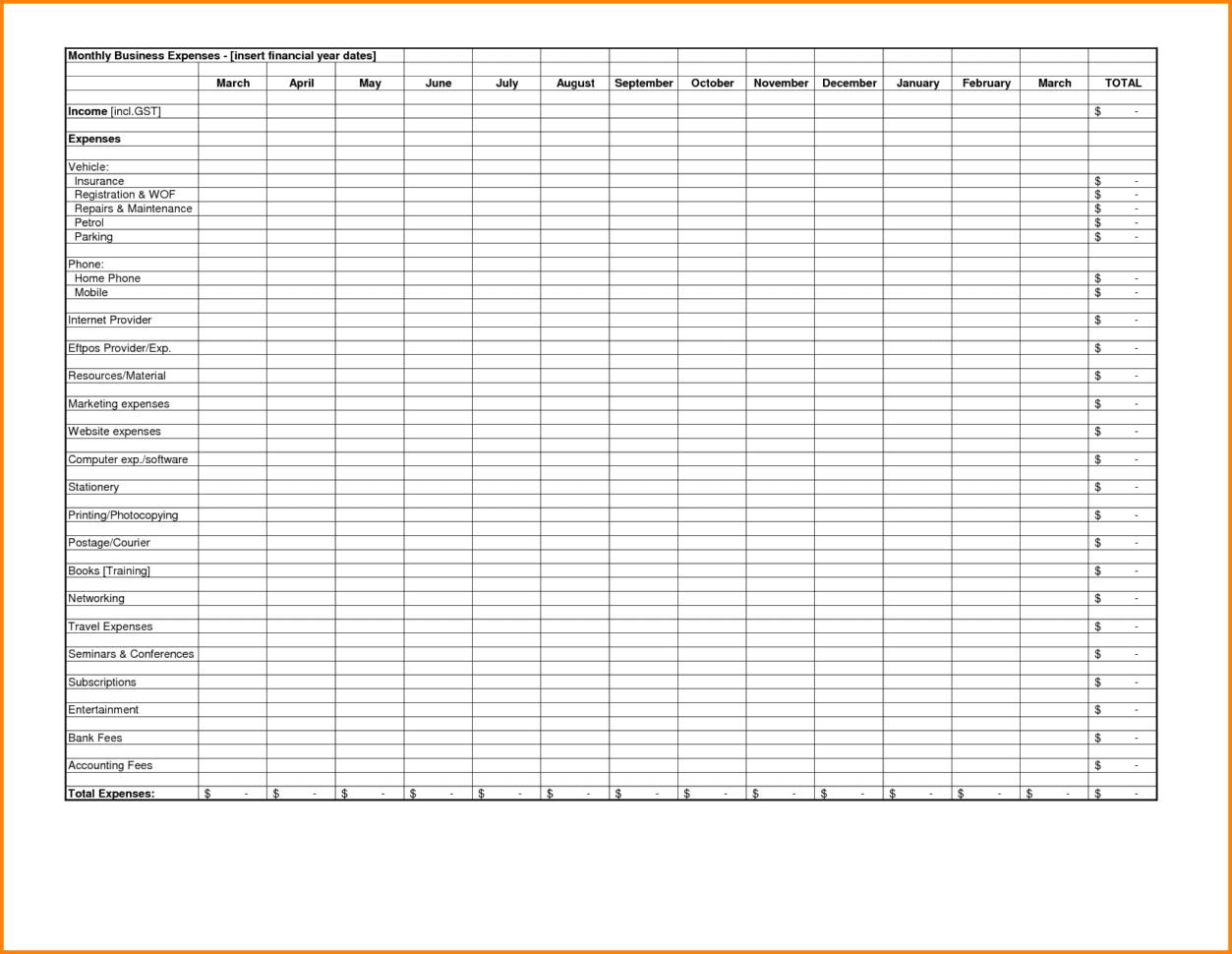 Small Business Expense Sheet Templates