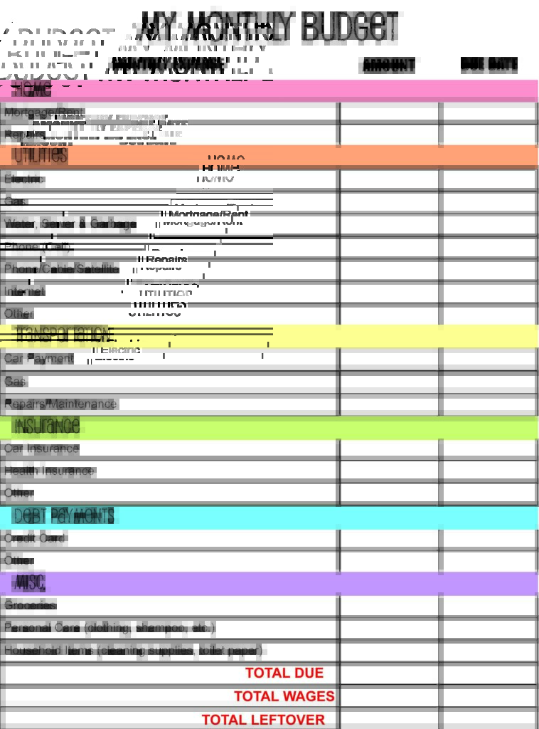 Sample Monthly Budget Worksheet