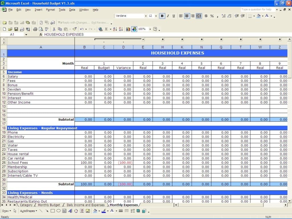 Monthly Expenses Template Excel Uk