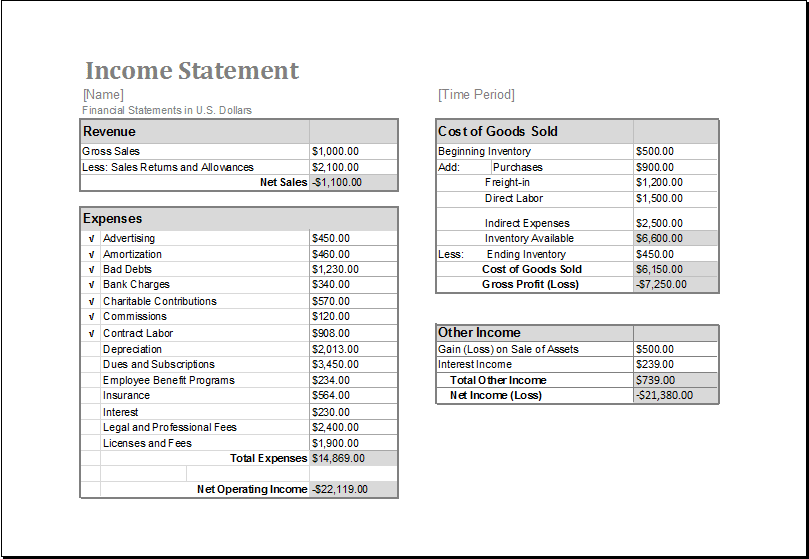 Blank Income Statement Template Excel 2