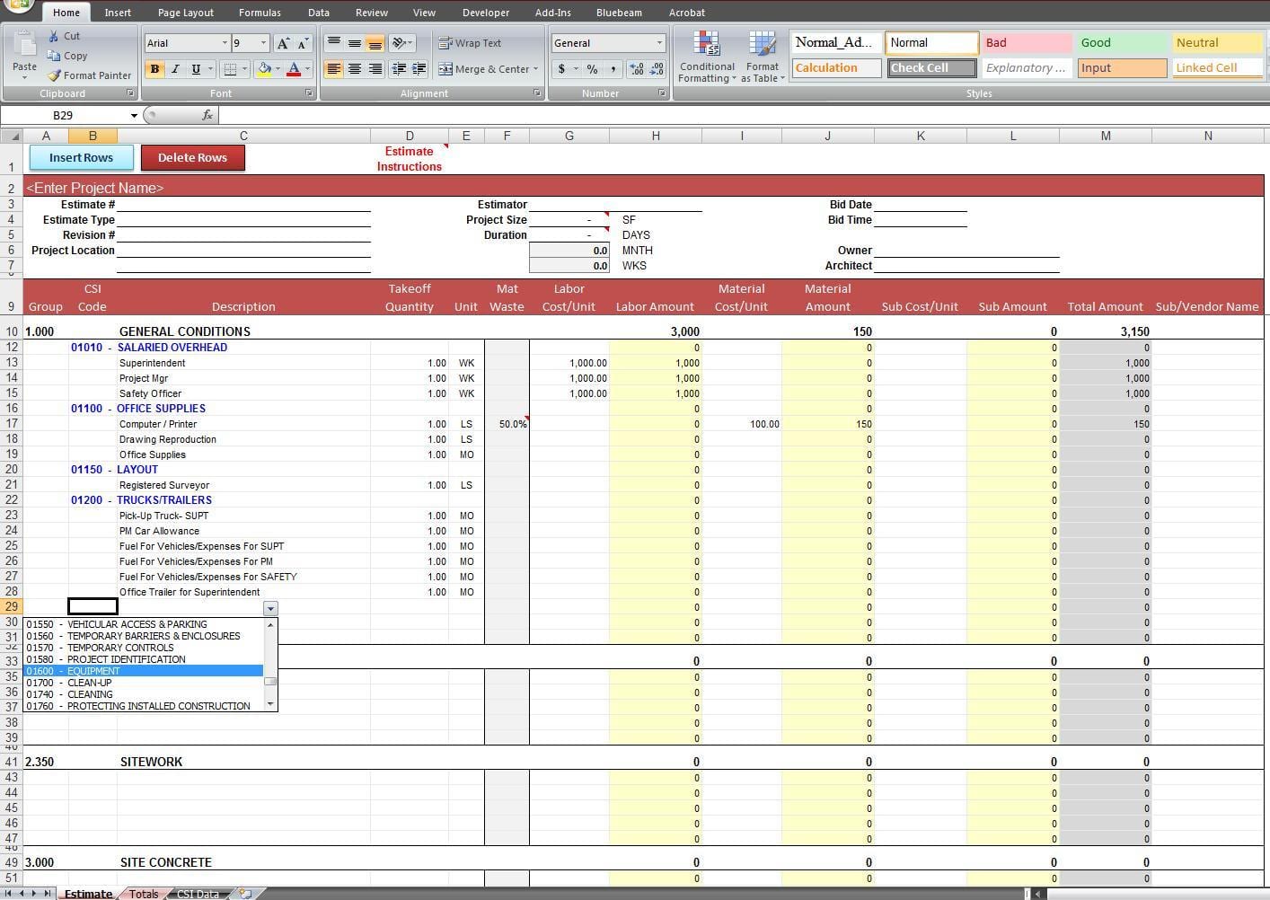 Construction Job Costing Spreadsheet Template —