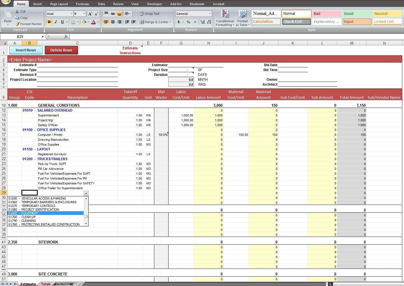 Construction Cost Estimating Template 1
