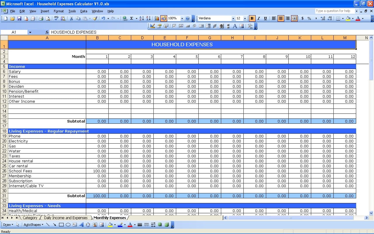 excel spreadsheet for monthly expenses