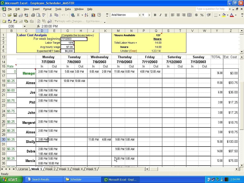 excel spreadsheet scheduling employees