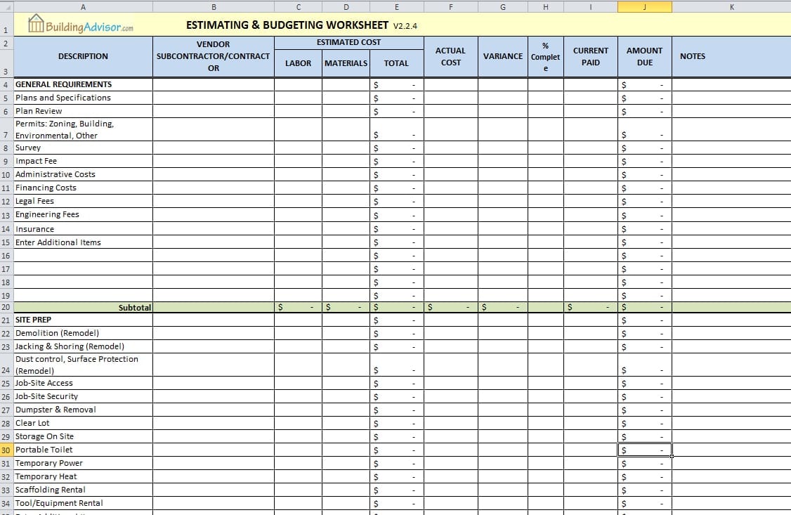 Excel Sheets Cost Estimation Civil Engineering