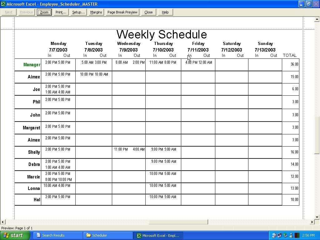 work schedule excel template free