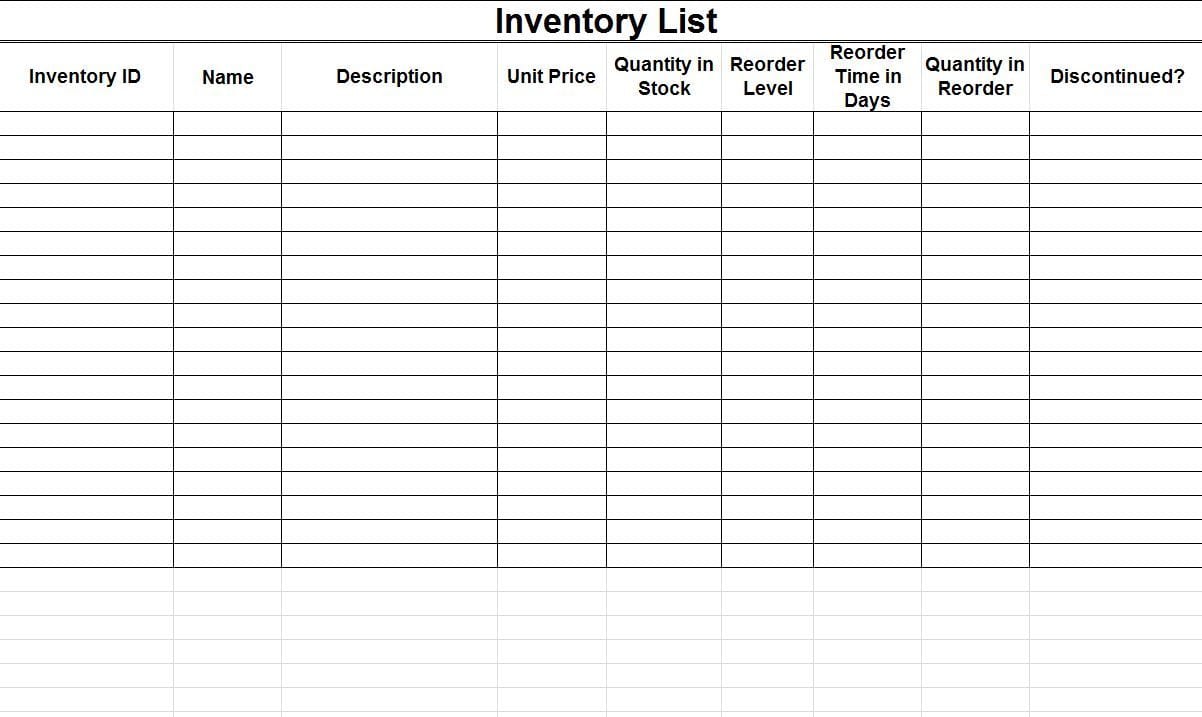 Free Printable Inventory Template