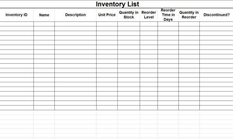 Free Printable Inventory Sheets — Excelxo.com