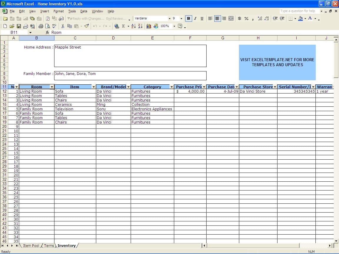 home inventory template excel