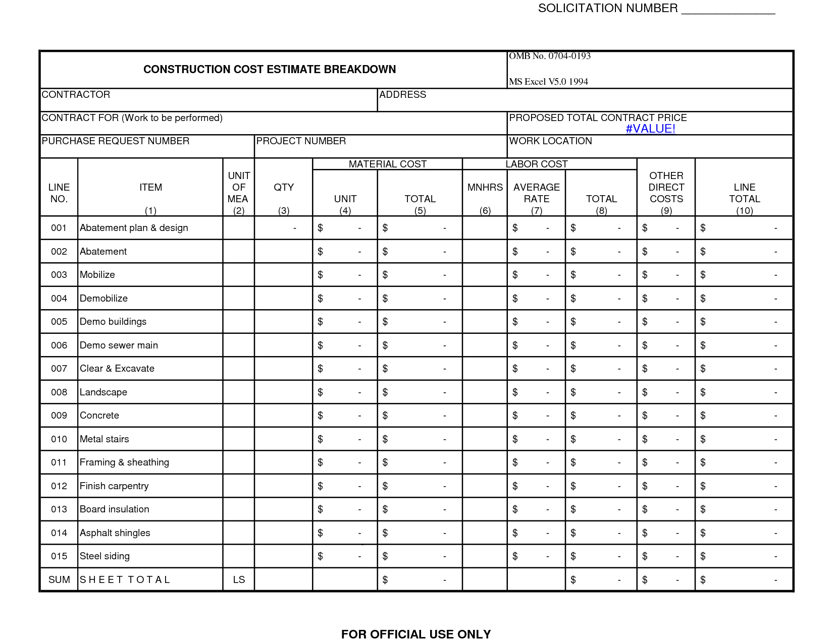  A table with a home renovation budget and a blank space to fill in the budget.