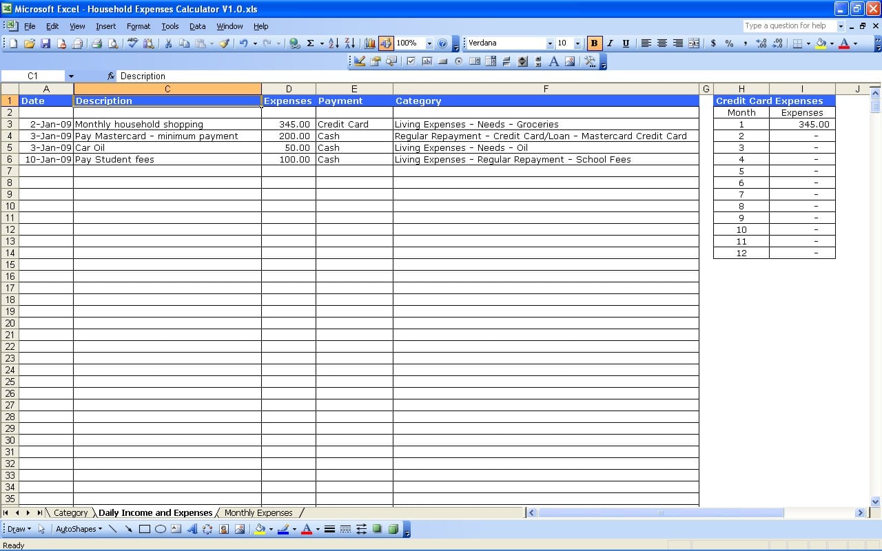 excel spreadsheet of monthly expenses