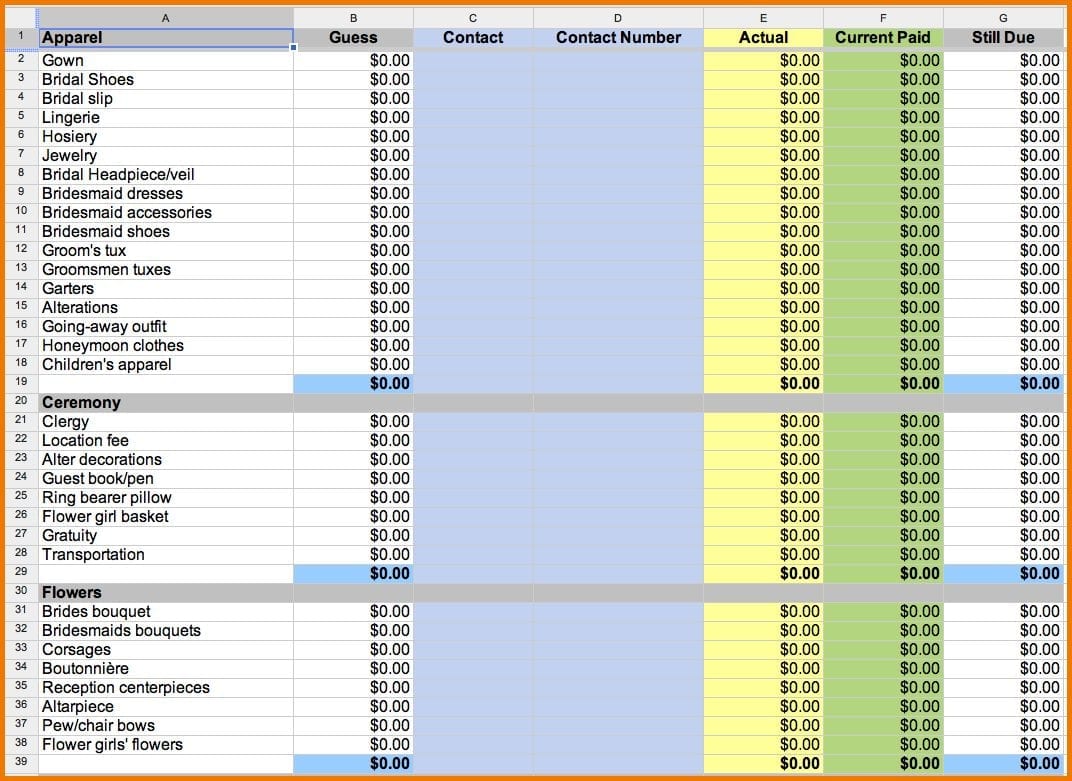 Printable Wedding Expense List 1