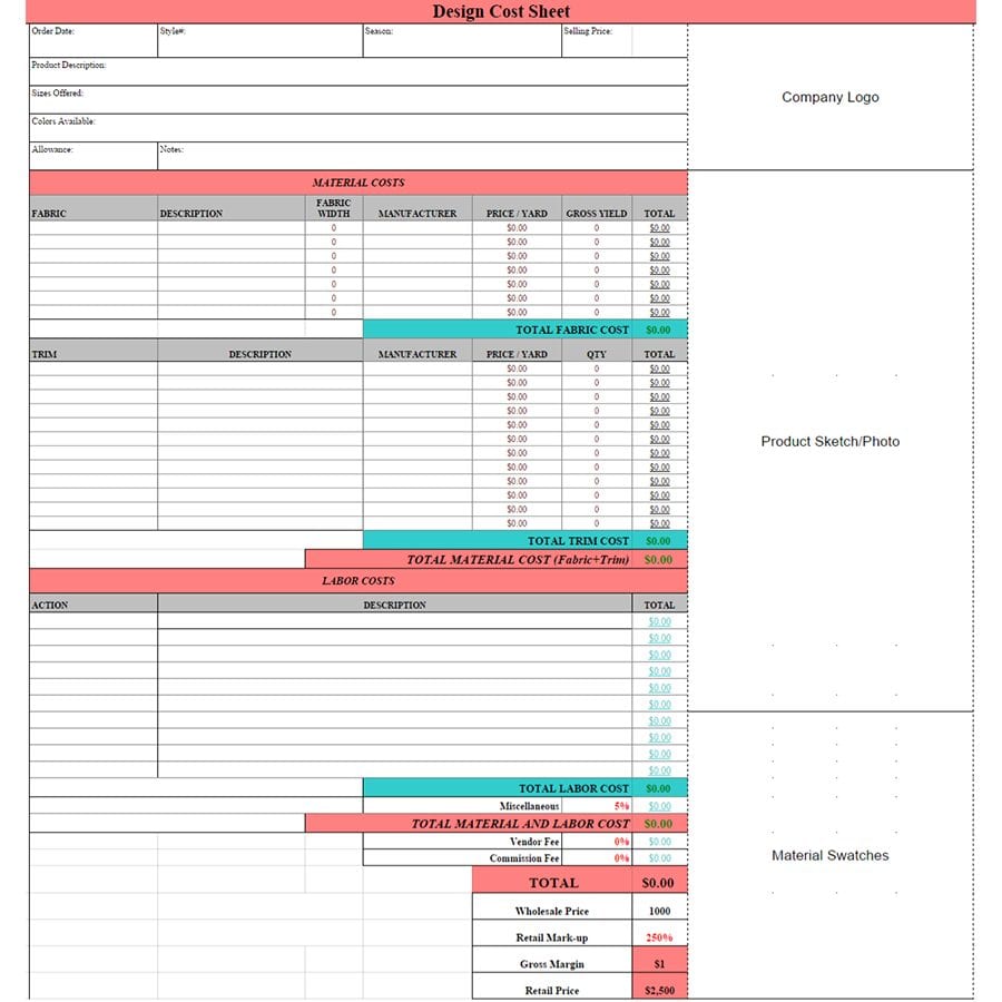 Product Cost Sheet In Excel