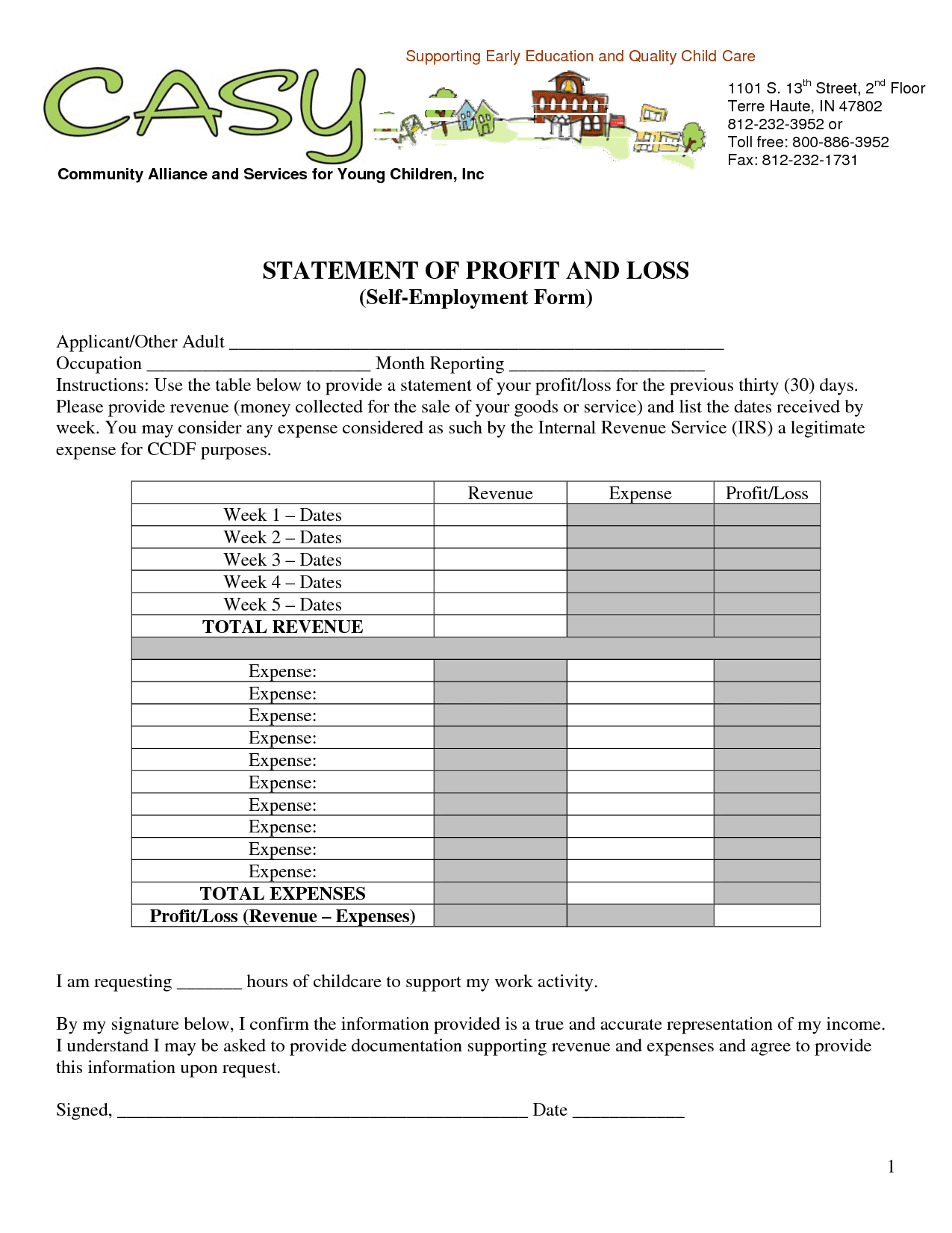Profit And Loss Statement Form 1