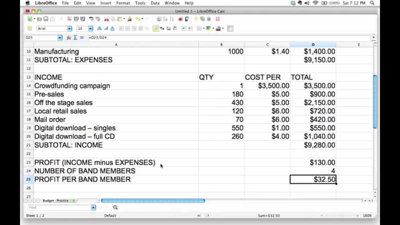 profit spreadsheet example