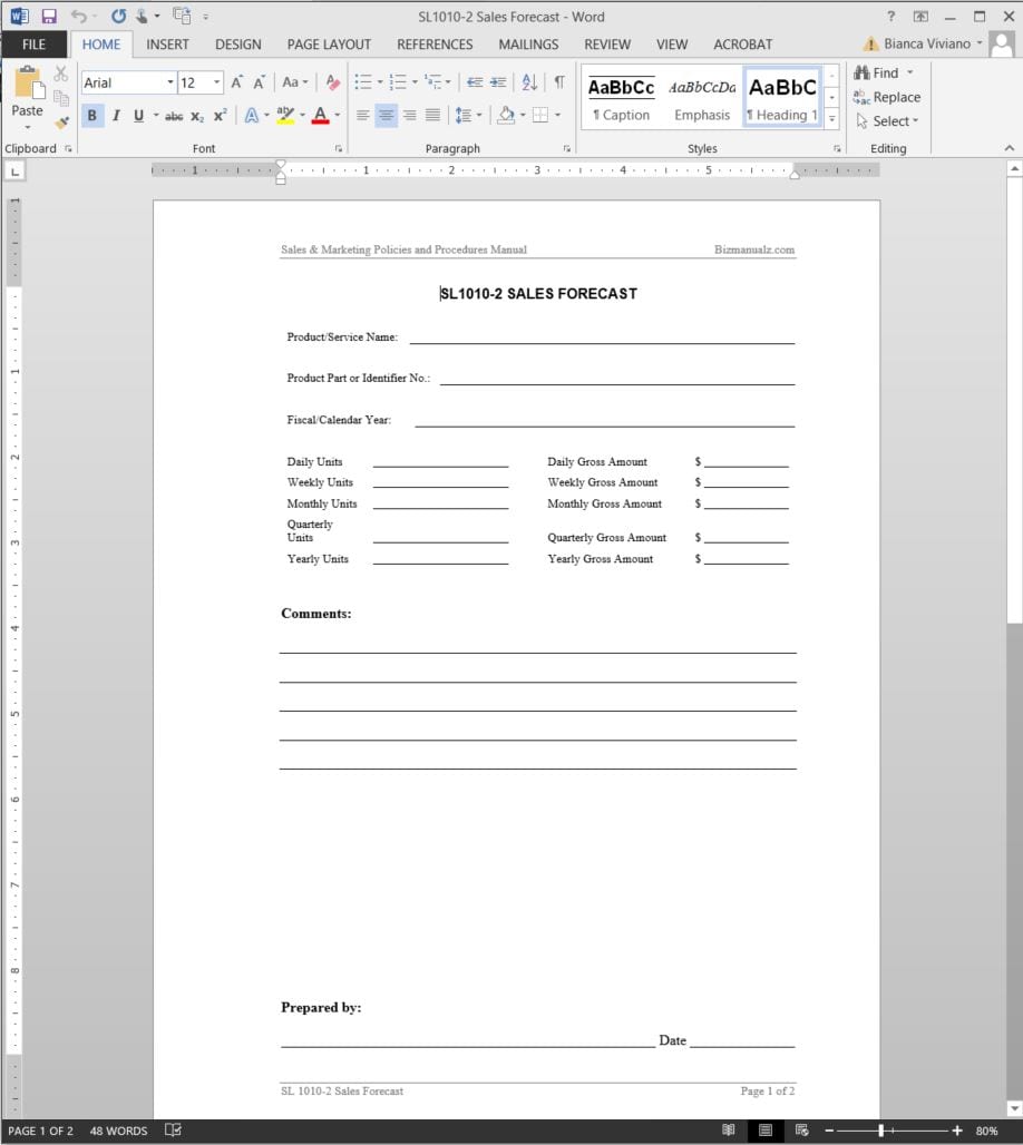 Sales Forecast Sheet Template