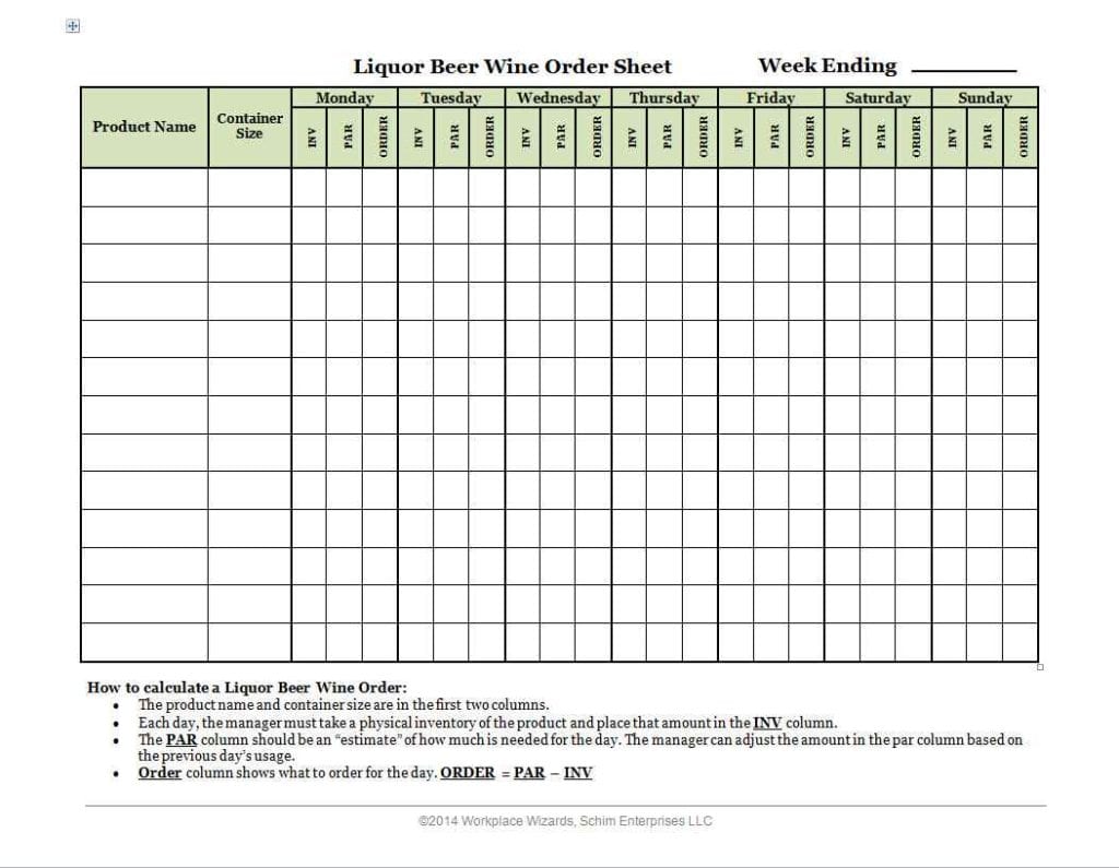 Bar Inventory List Spreadsheet