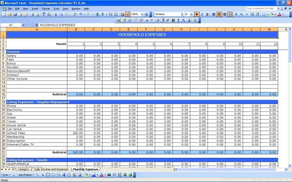 Bills Spreadsheet Template