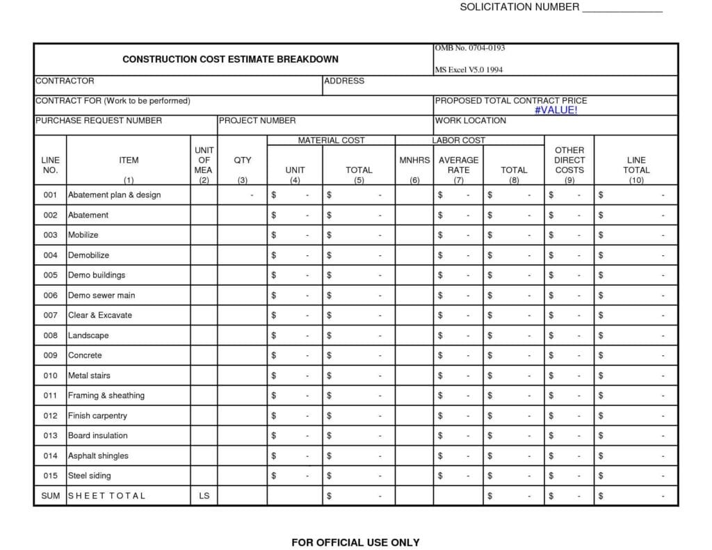 Construction Estimating Spreadsheet Template