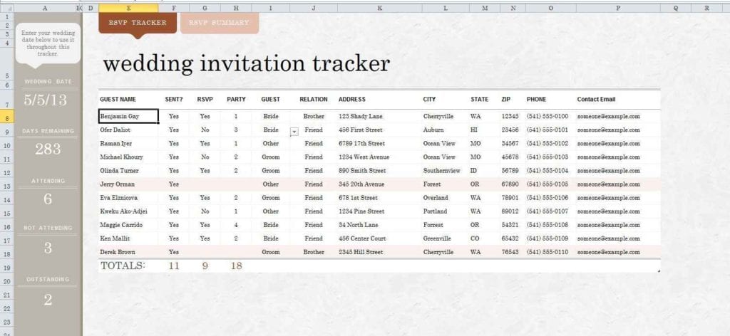 Easy Wedding Guest List Spreadsheet 1