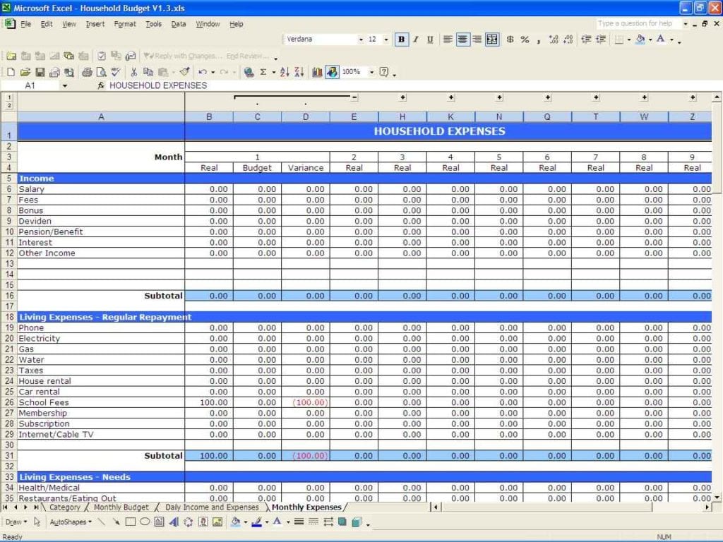 Example Budget Spreadsheet Excel 1