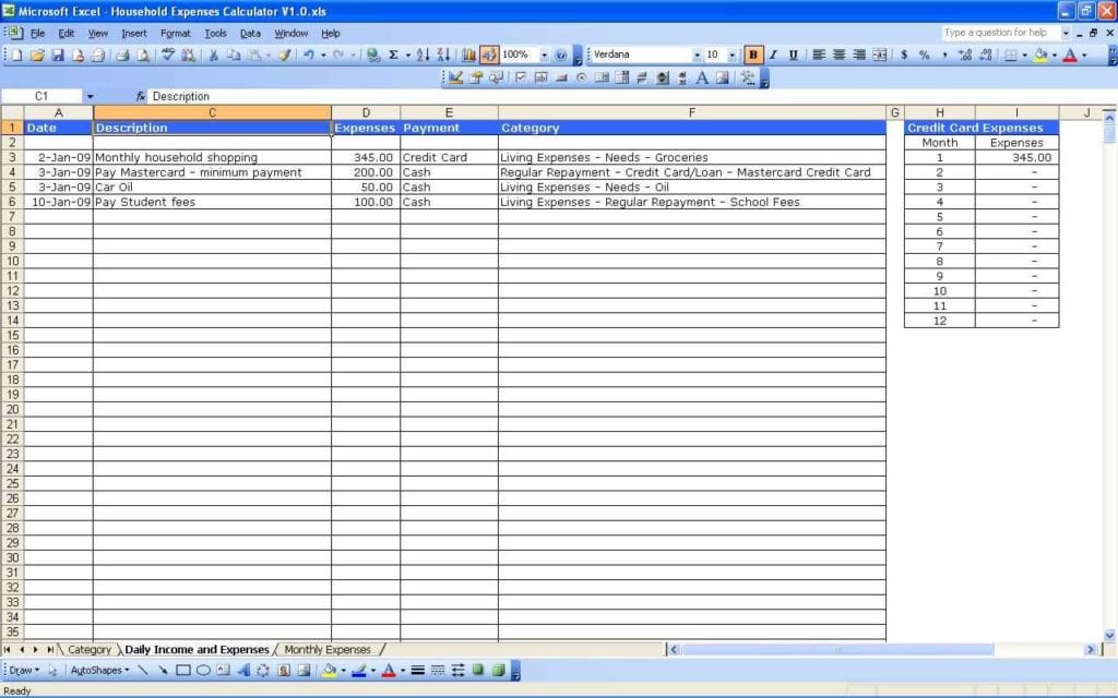 Example Excel Sheet For Monthly Expenses