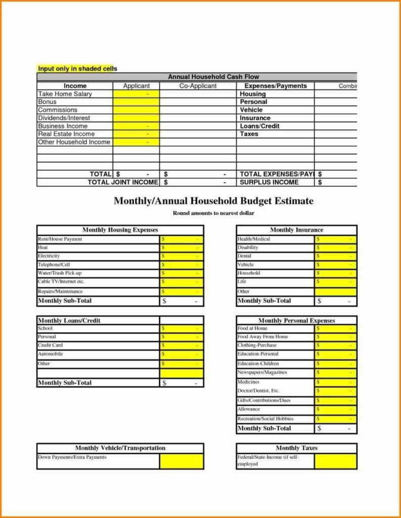 Example Of Household Budget Worksheet