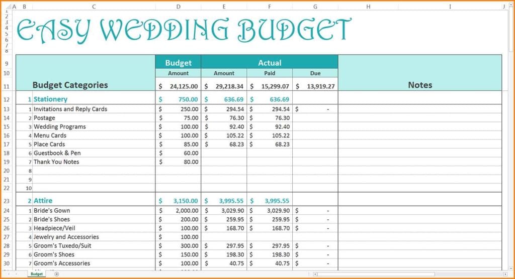Example Of Wedding Budget Spreadsheet