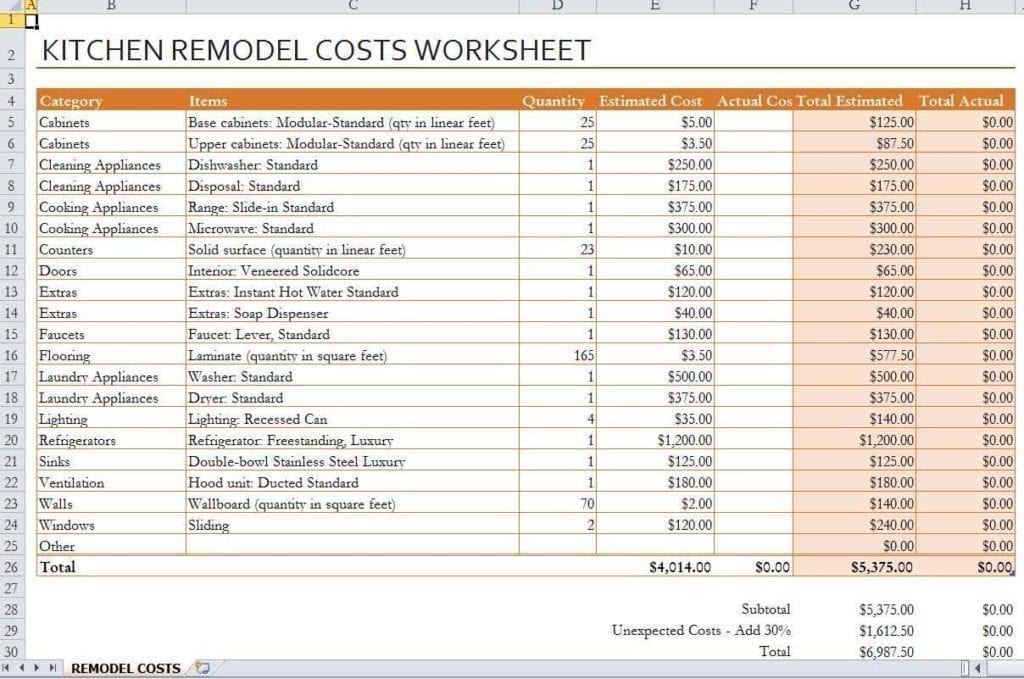 House Renovation Spreadsheet Template Uk