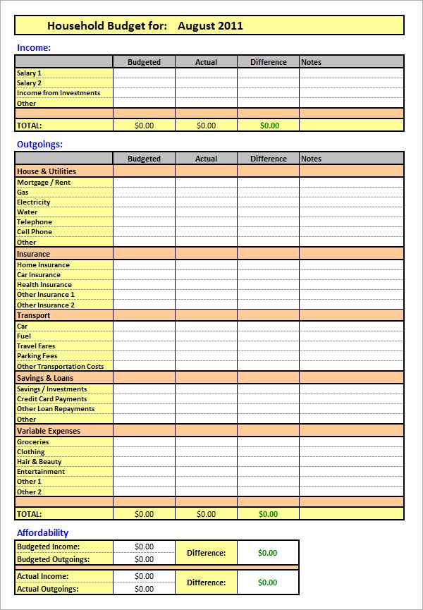 Household Expenditure Spreadsheet Template