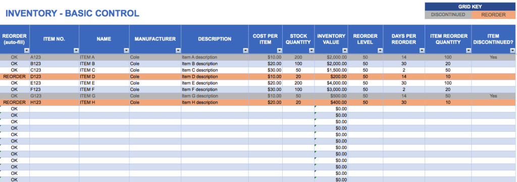 Inventory Control Spreadsheet Template Excel