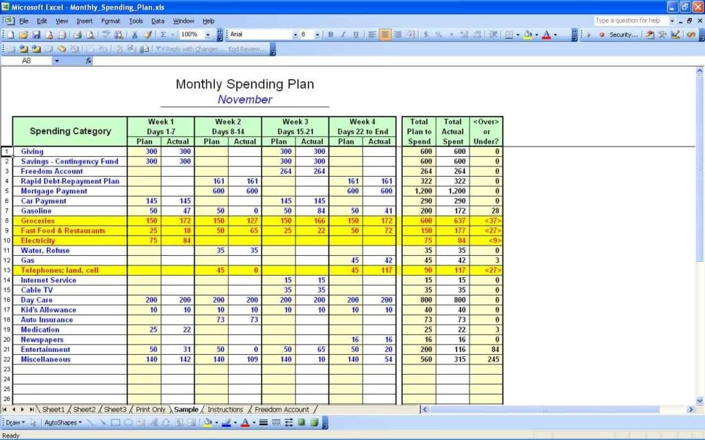 setting up monthly money expense spreadsheet