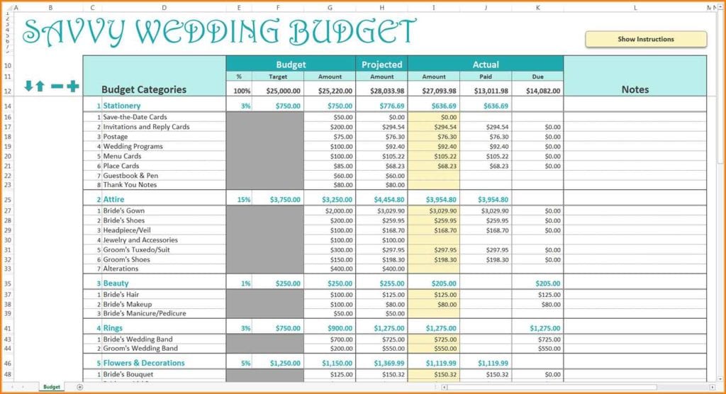 Sample Wedding Budget Spreadsheet 1