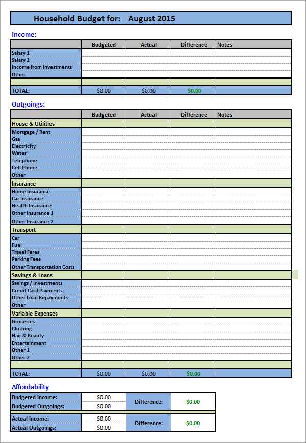 spreadsheet template for household budgeting