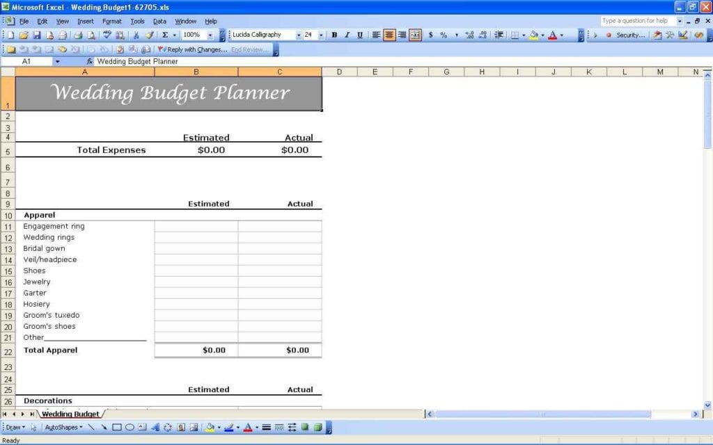 Wedding Budget Calculator Excel Spreadsheet 1