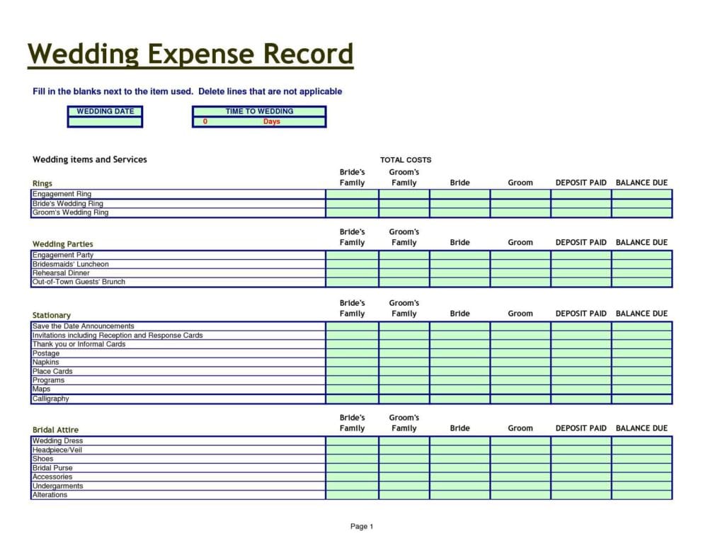 Wedding Budget Excel Spreadsheet Template 1