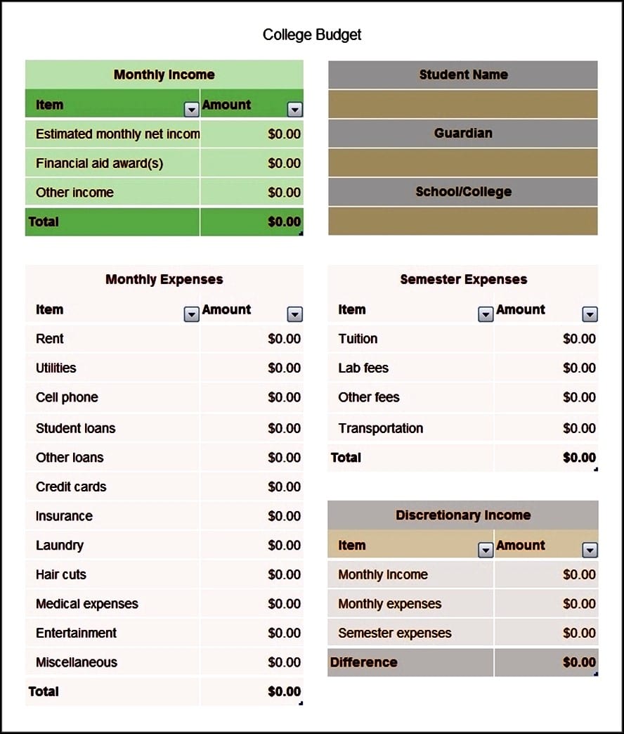 Basic Budget Worksheet College Student