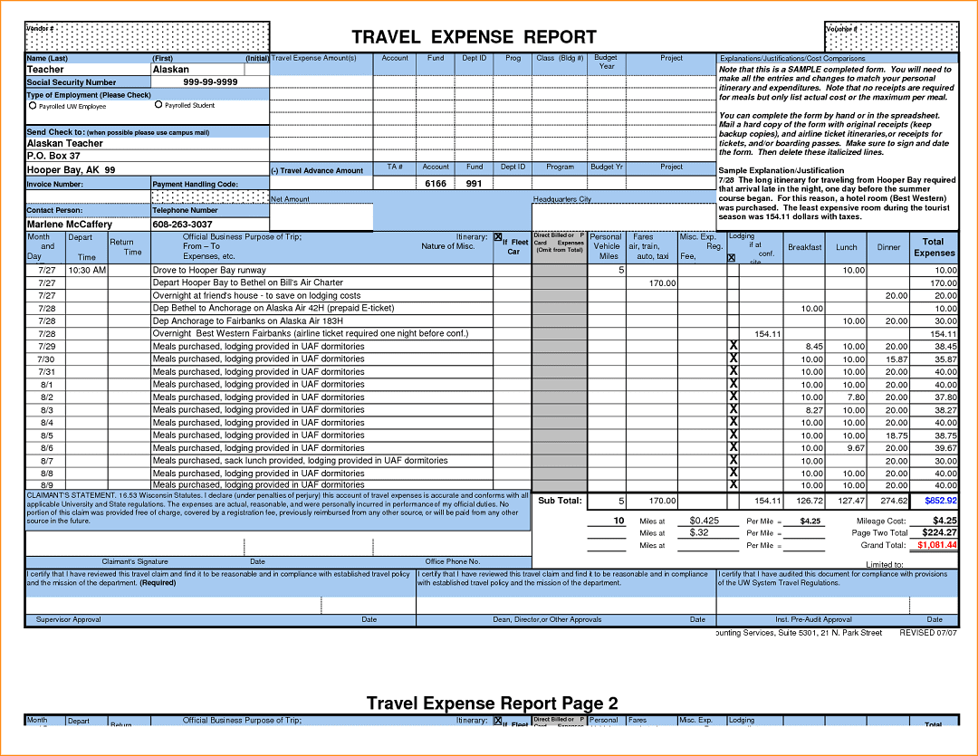 Expense Report Sample Excel