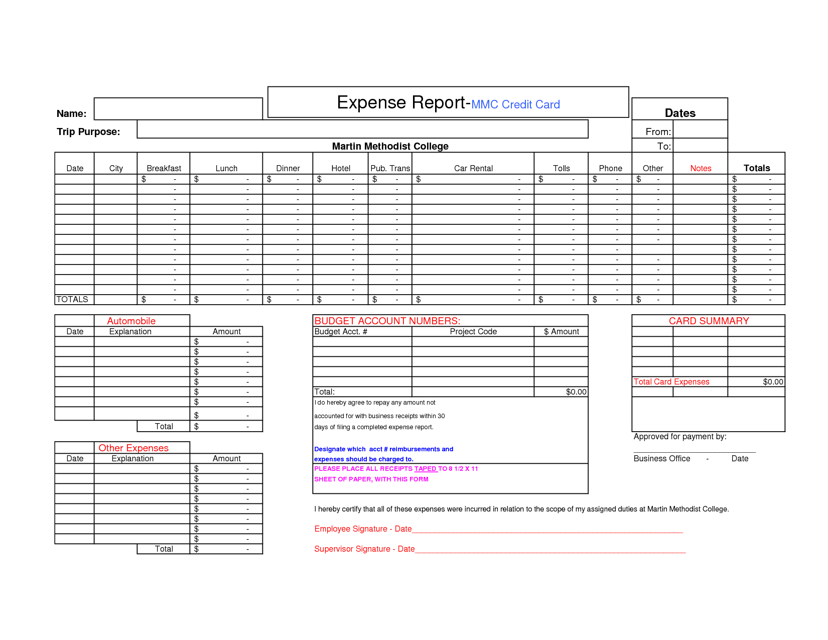 credit card expense report template google