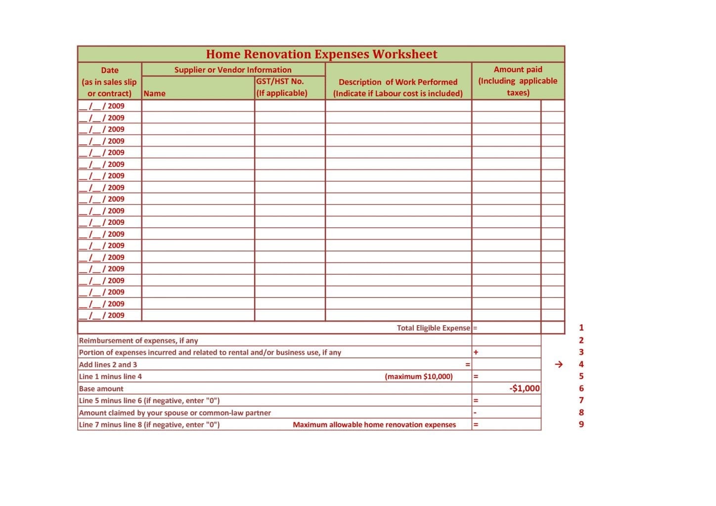 home improvement spreadsheet —