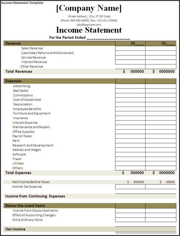 Simple Income Statement Format Excel