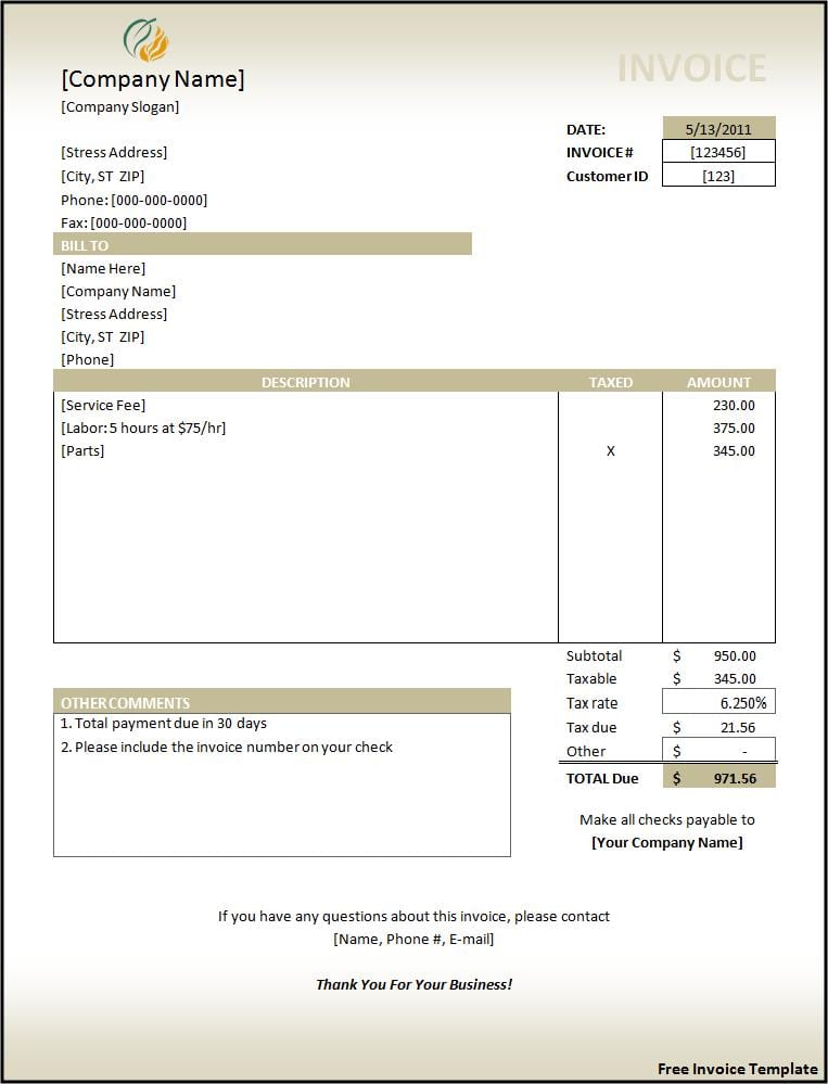 Bill Invoice Template Word Excelxo