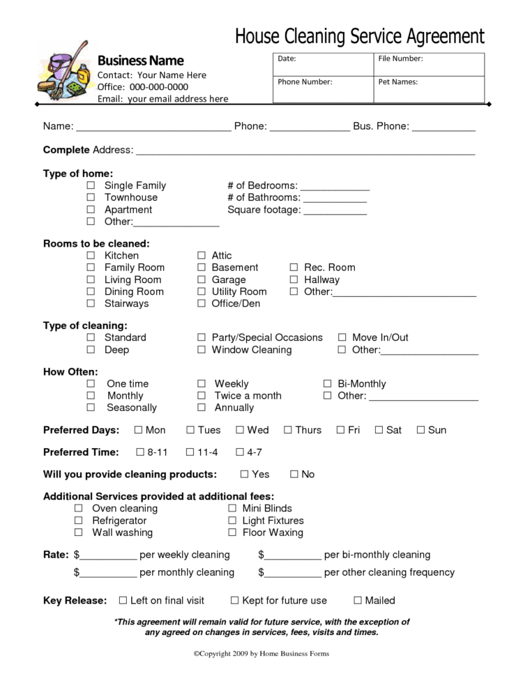 Free Printable House Cleaning Business Client Forms Printable Forms Free Online