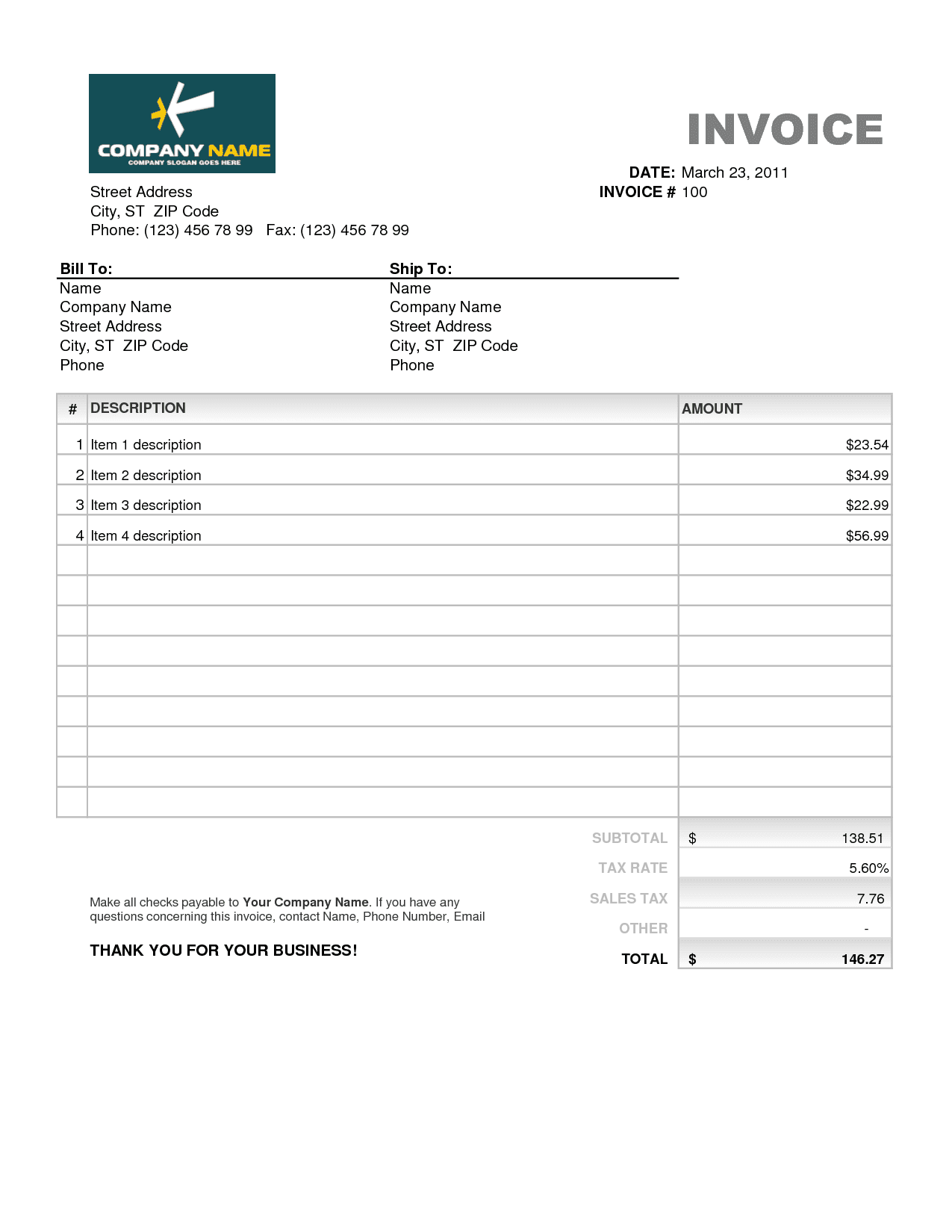 Commercial Invoice Template Excel Free Download