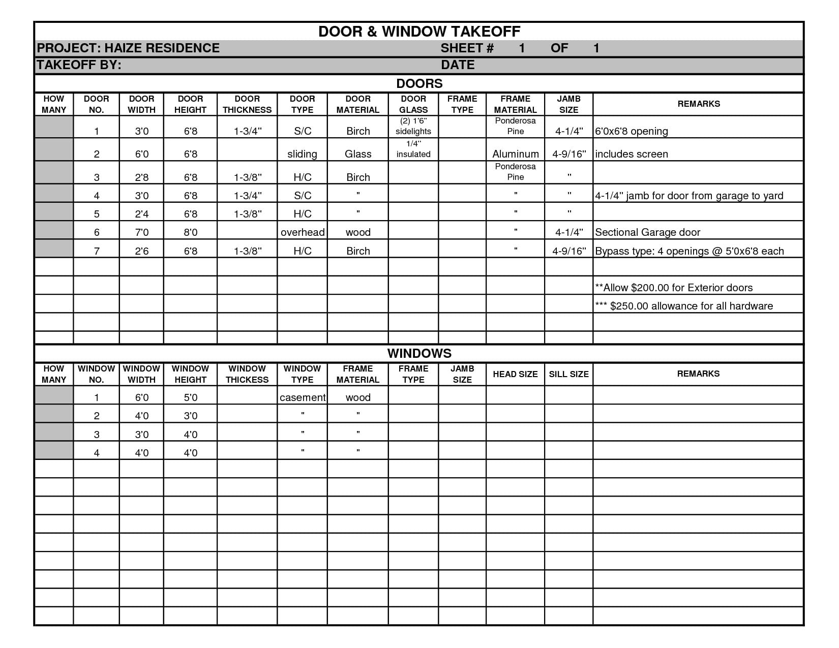 Construction Estimating Spreadsheet Template