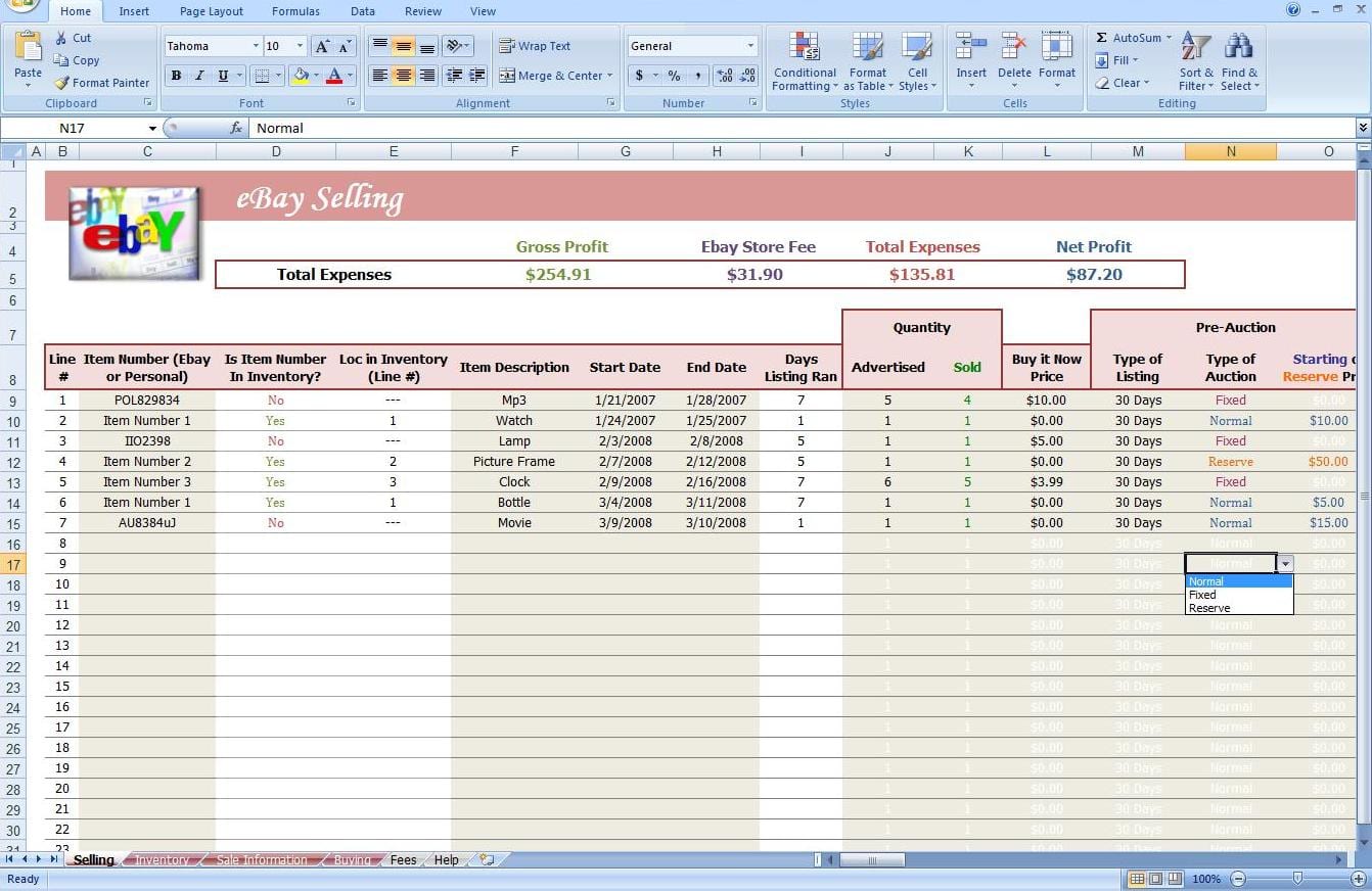 ebay profit and loss spreadsheet —