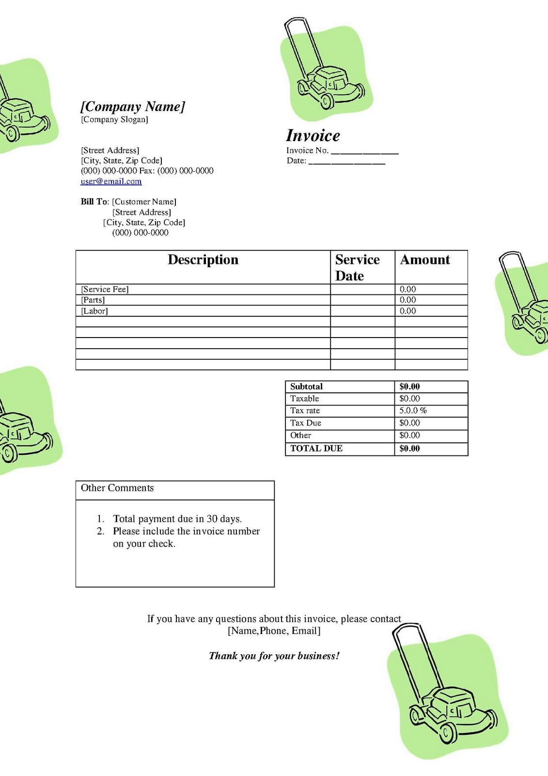 Lawn Mowing Invoice Template Word