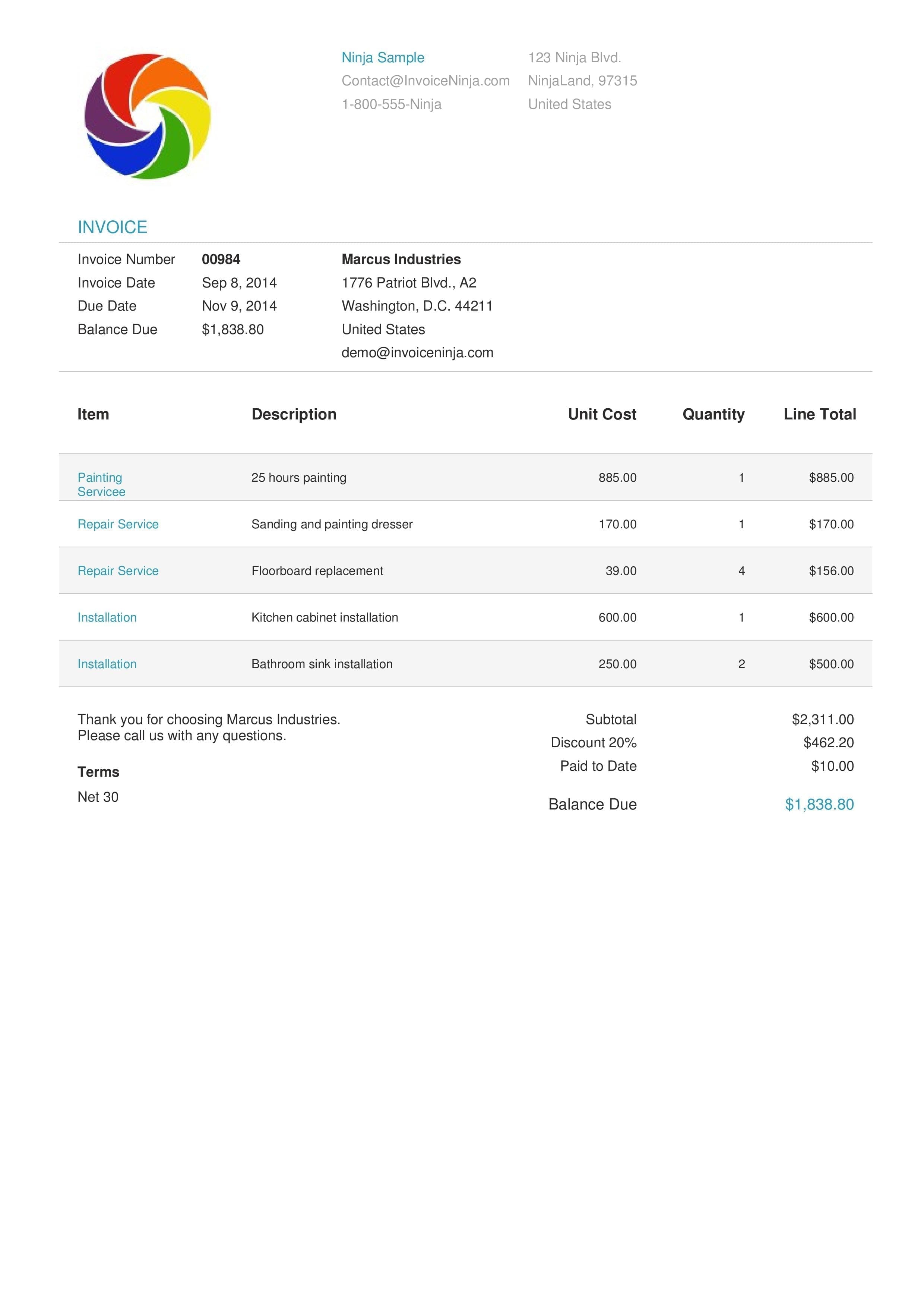 intuit professional invoice template is good for