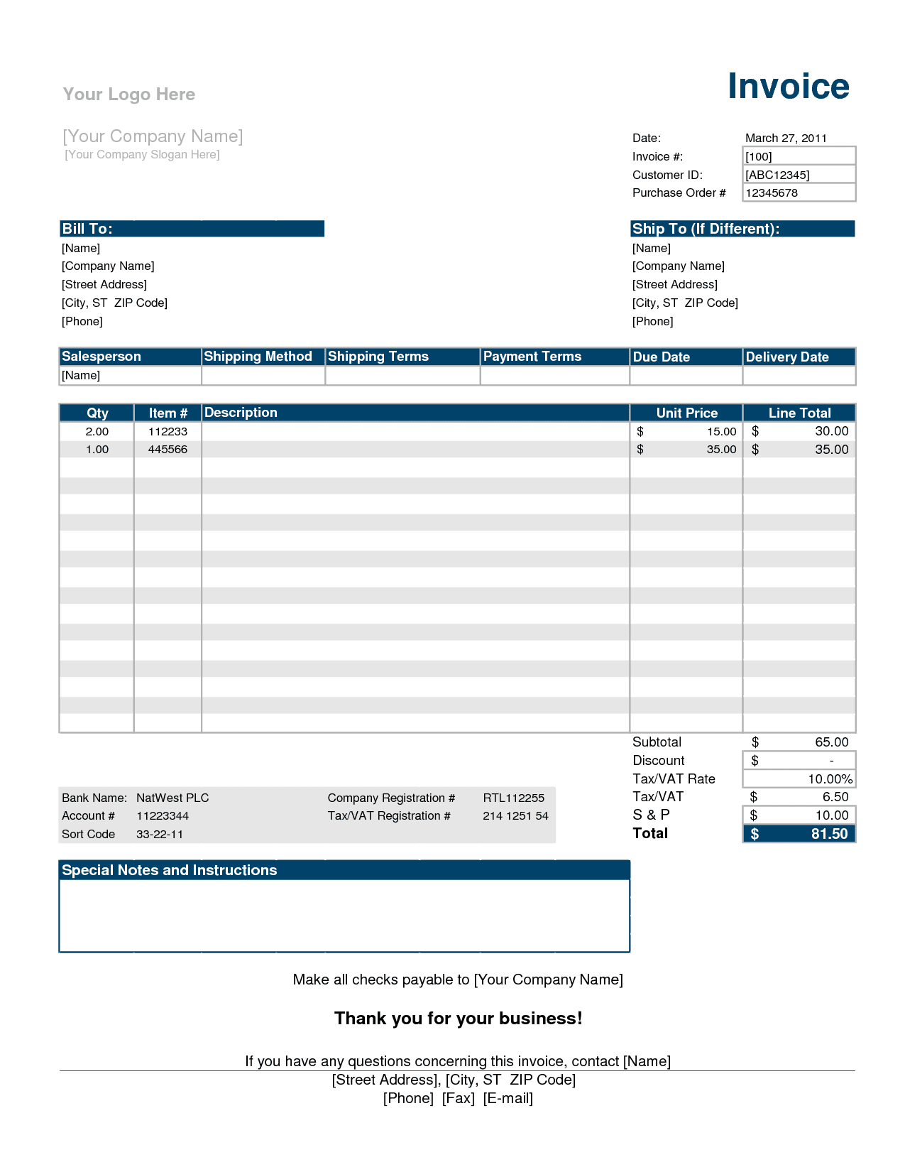 Excel Invoice Template 2003